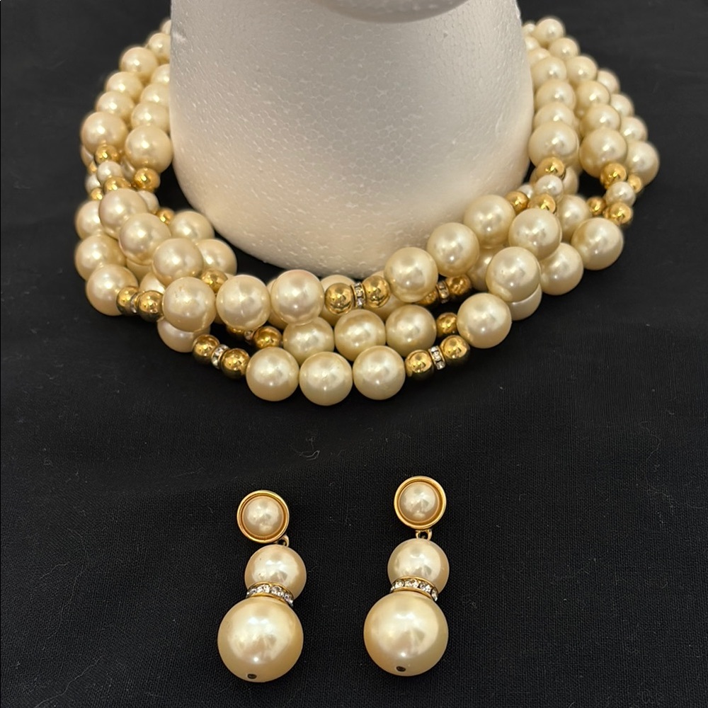 Pearl and Gold Bead Necklace with Matching Drop Earrings - Cream/Gold